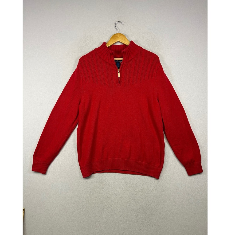 Preppy Karen Scott Womens XL Red Cable Knit Yoke Quarter Zip Cotton Sweater